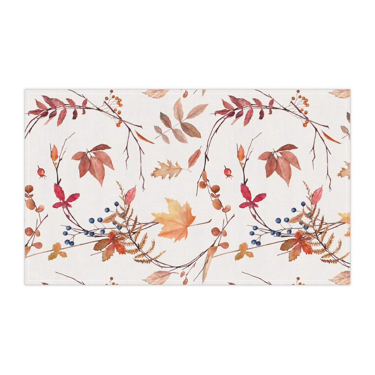Fall foliage tea towel flat layout with colorful leaves and berries on white