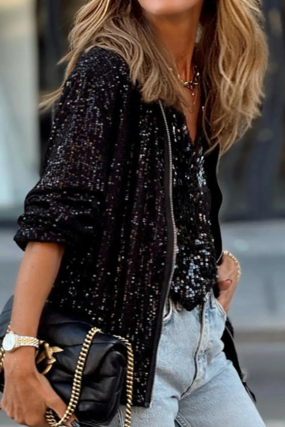 Black sequin zip-up long sleeve jacket with front zipper and drawstring hem ties