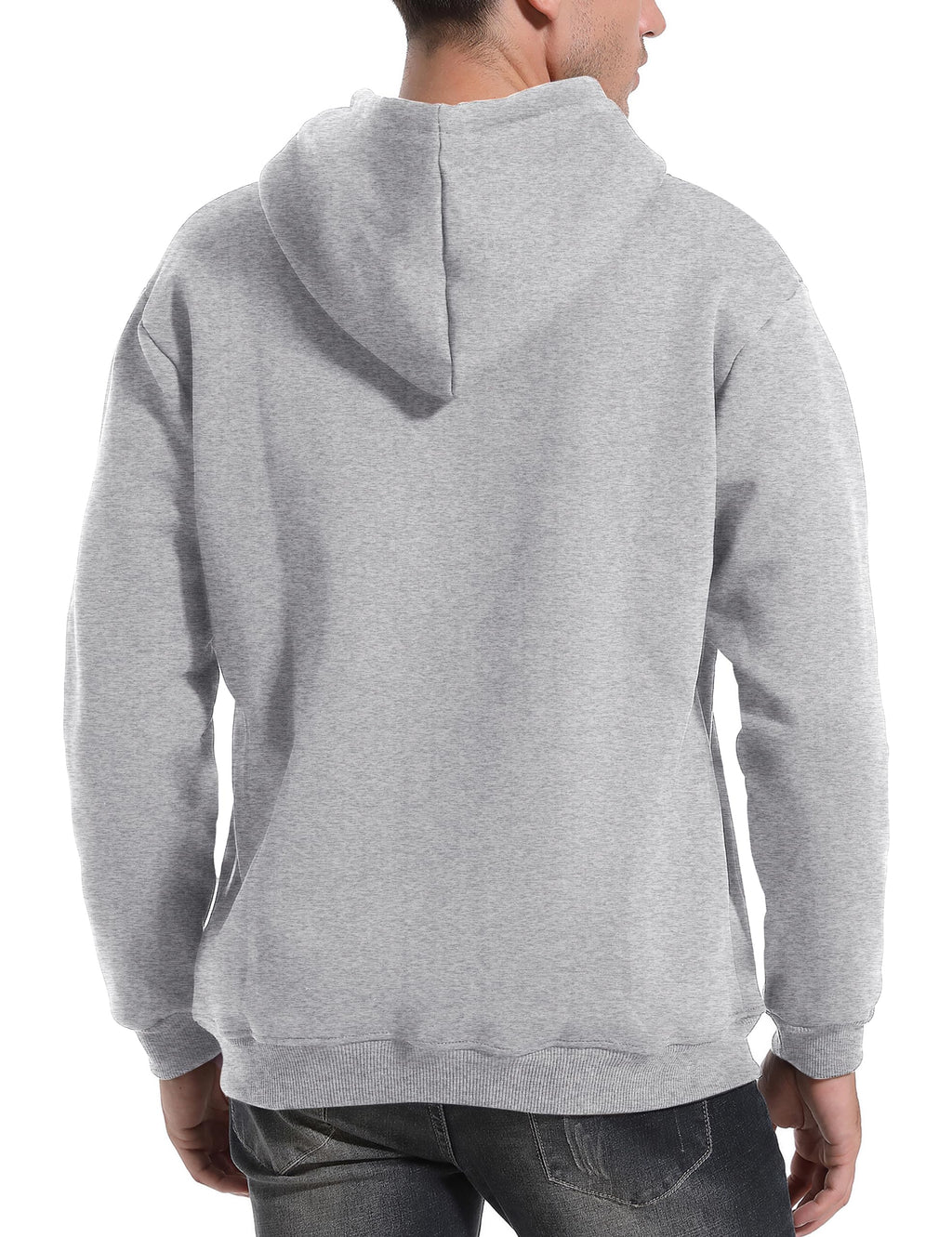 Gray pullover hoodie with hood; long sleeves and kangaroo pocket, back view.