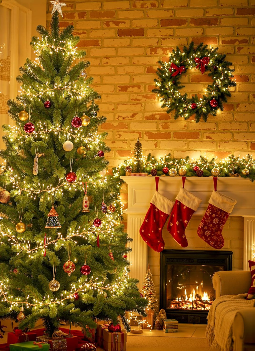 Warm white fairy lights wrapped around a Christmas tree and hanging wreath decor.