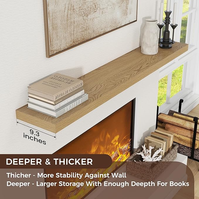 Oak floating wall shelf with books and decor on a wall above a fireplace