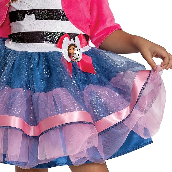 Layered blue tutu skirt with sparkly dots and pink ribbon bow with character applique