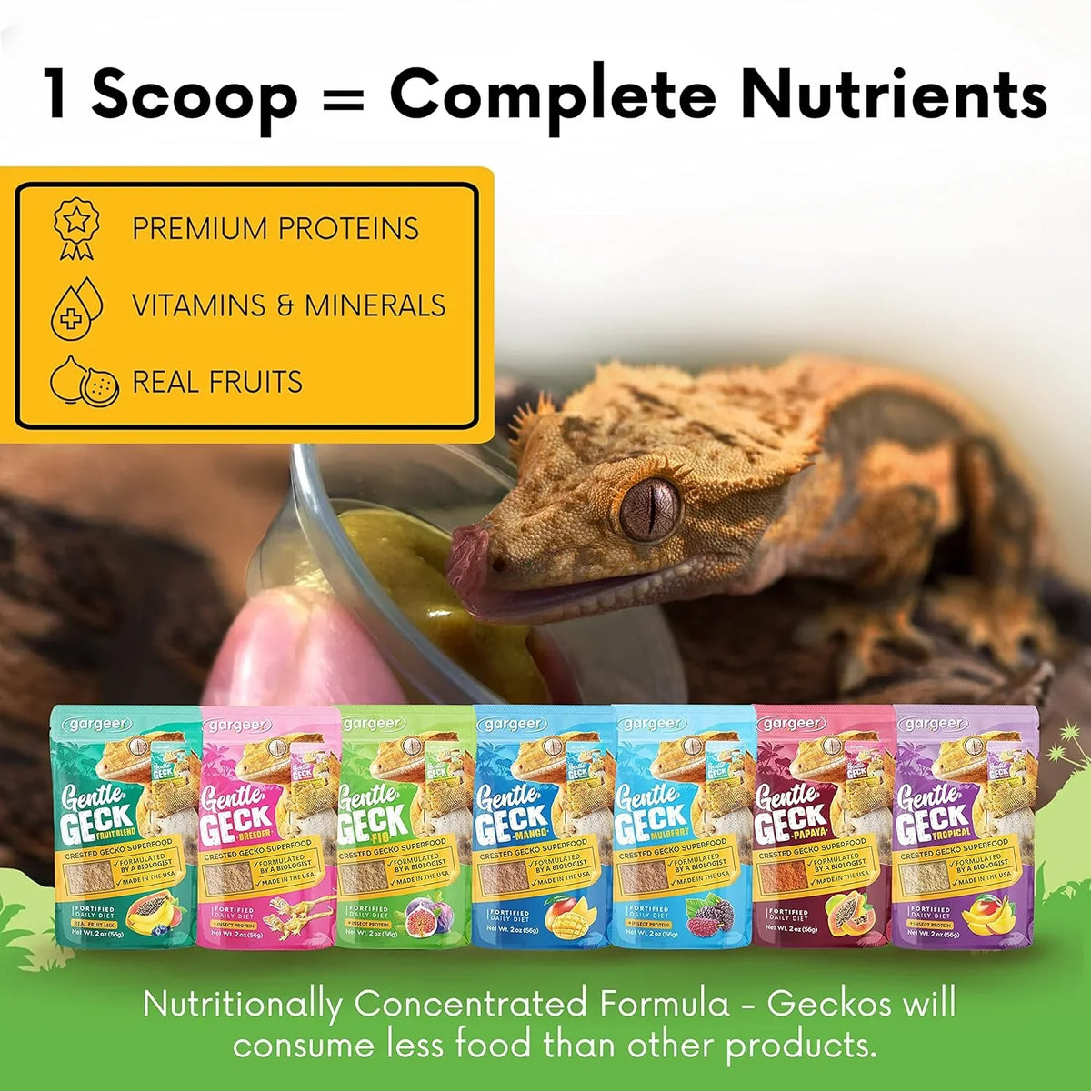 Crested gecko supplement variety pack, gargeer mini pouches with gecko in cup
