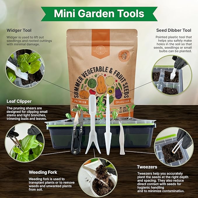 Mini garden tool set with widger, leaf clipper, tweezers, and weeding fork plus seed bag