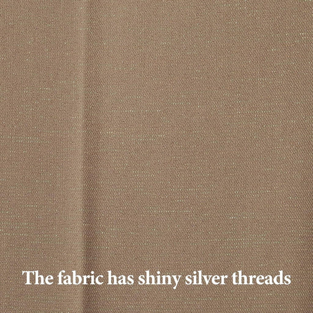 Khaki suit fabric close-up with shiny silver threads woven throughout.