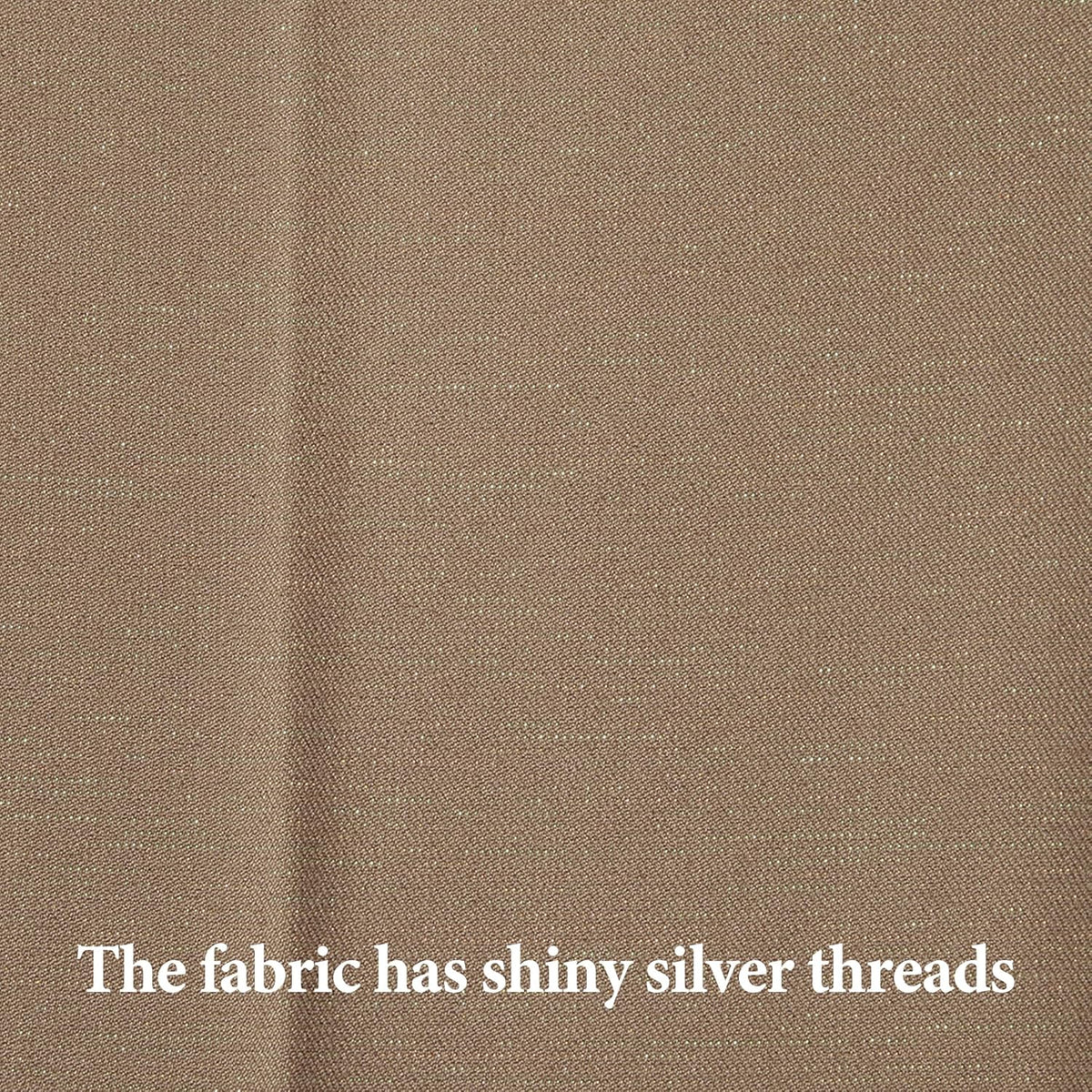 Khaki suit fabric close-up with shiny silver threads woven throughout.