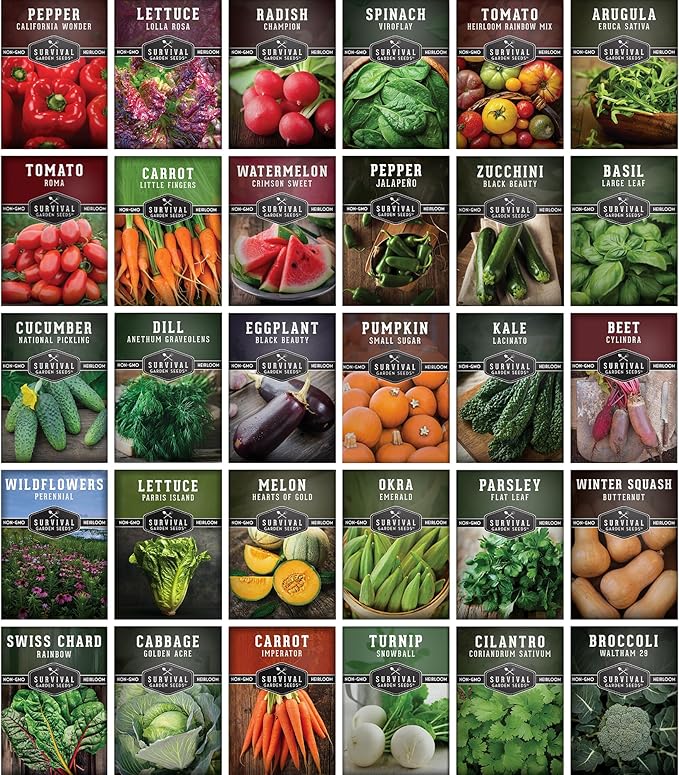 Home garden heirloom vegetable seed packets, 30 variety selection layout