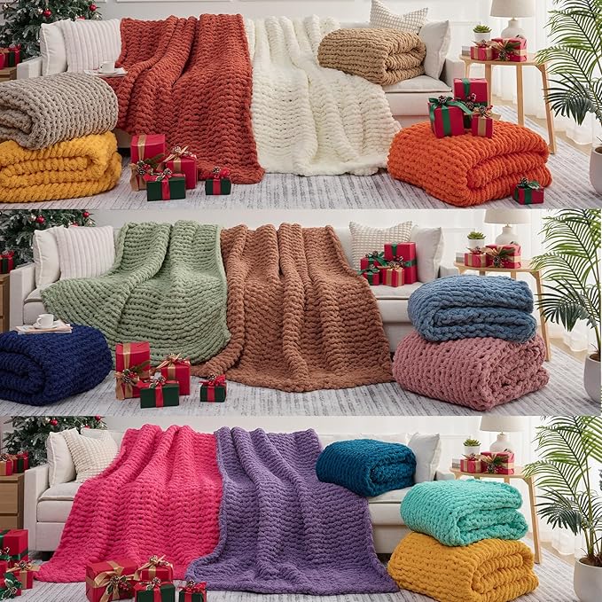 Assorted chunky knit throw blankets in multiple colors, neatly rolled and stacked