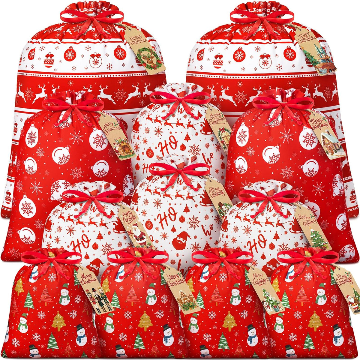 Red Christmas drawstring fabric gift bags with reindeer, snowmen, and ornament patterns