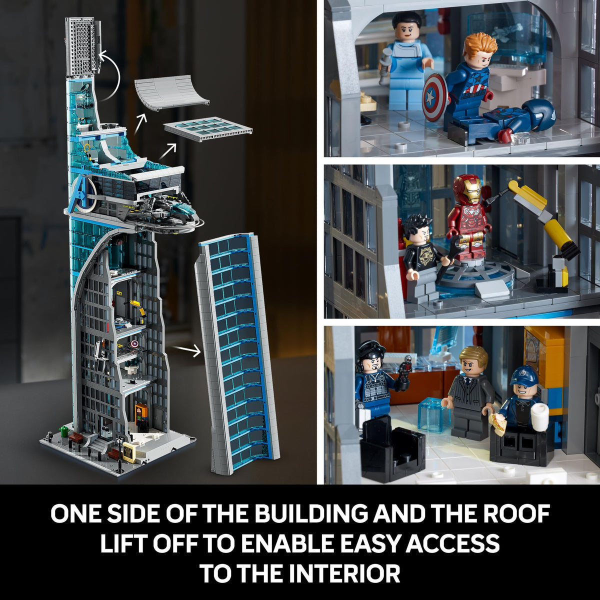 Blue and gray LEGO Avengers tower with open side section and interior minifigures