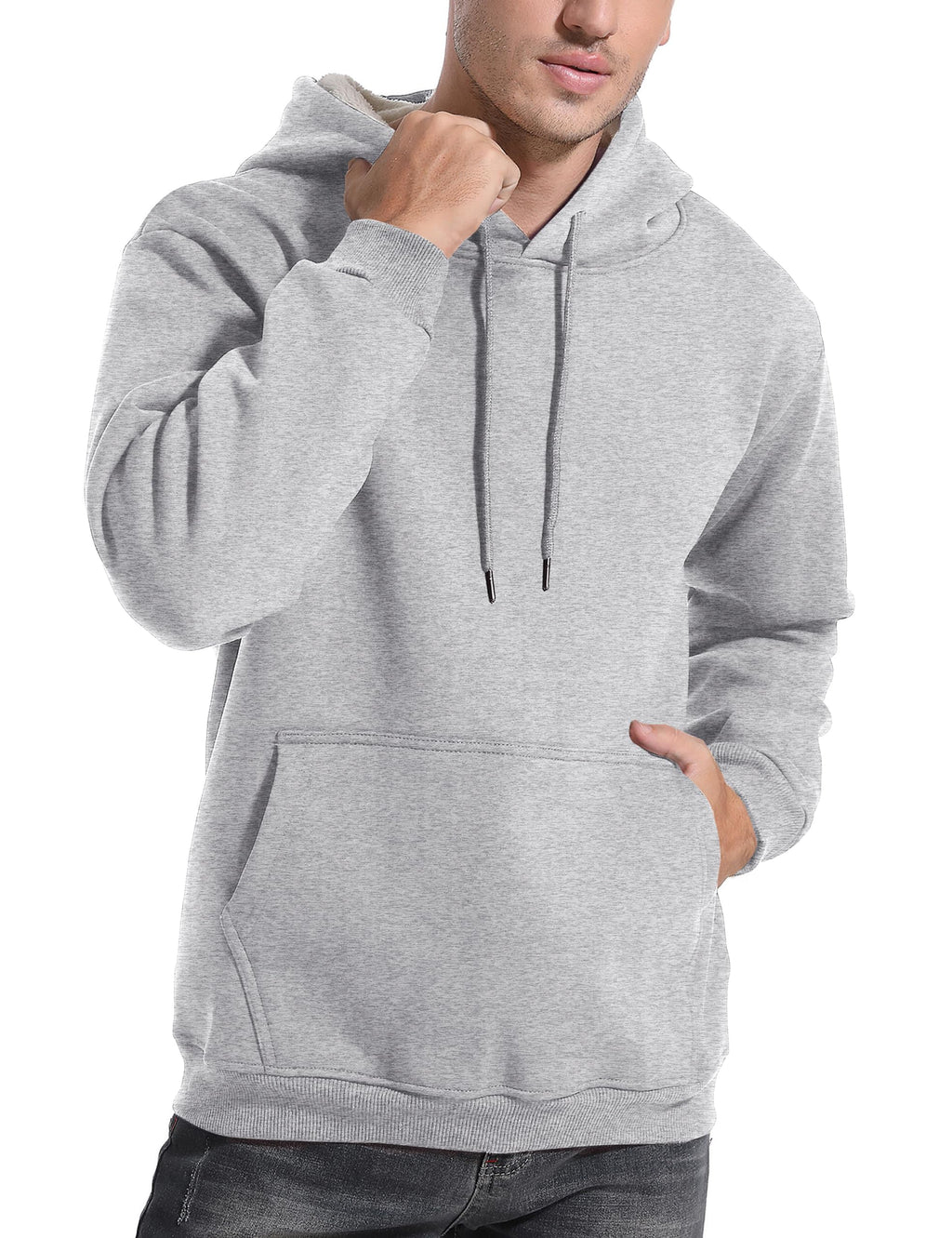 Men's fleece sherpa-lined hoodie, pullover hood with drawstrings, kangaroo pocket, light gray.