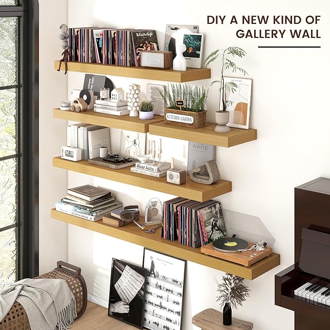 Set of long oak floating wall shelves with invisible brackets for decor and books