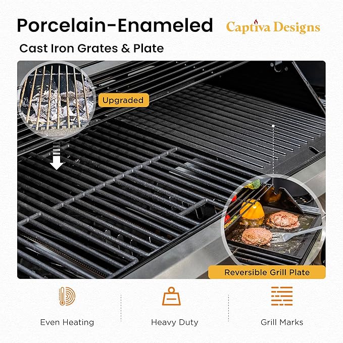 Porcelain-enameled cast iron grill grates and reversible grill plate, shown inside grill