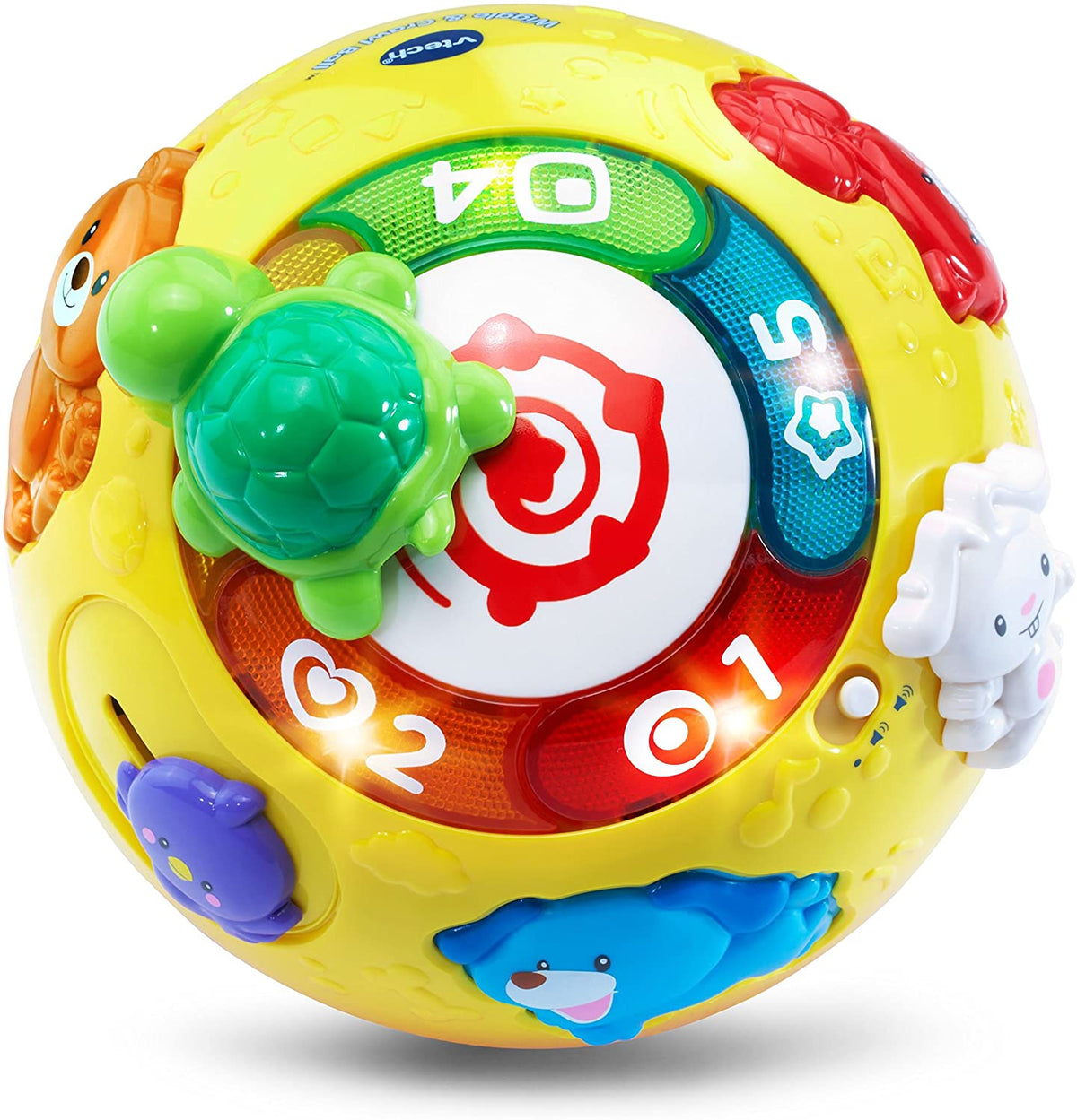 Yellow rolling ball close-up with green turtle top, number lights, and animal faces