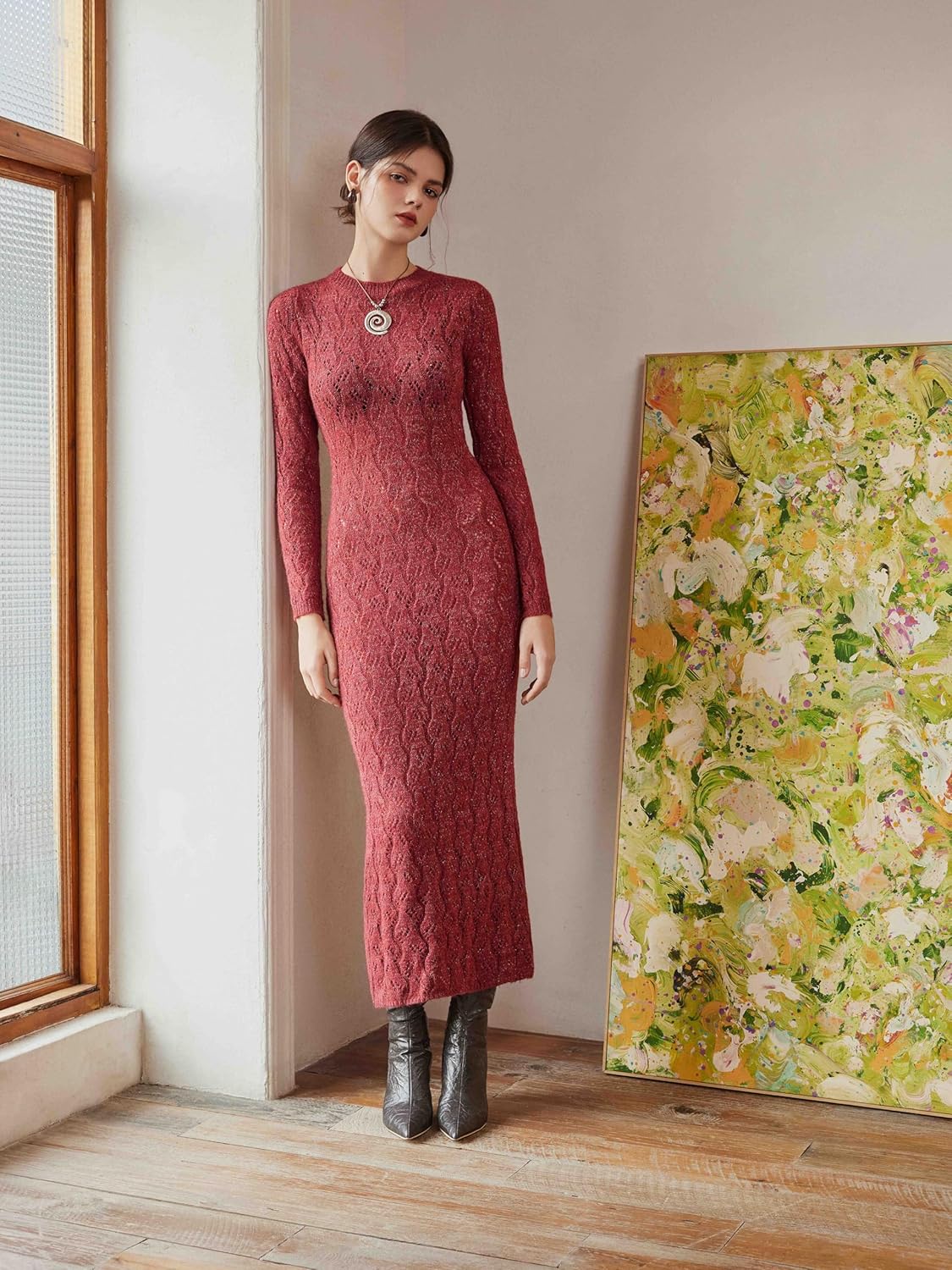 Burgundy long-sleeve crewneck maxi sweater dress with textured knit pattern.