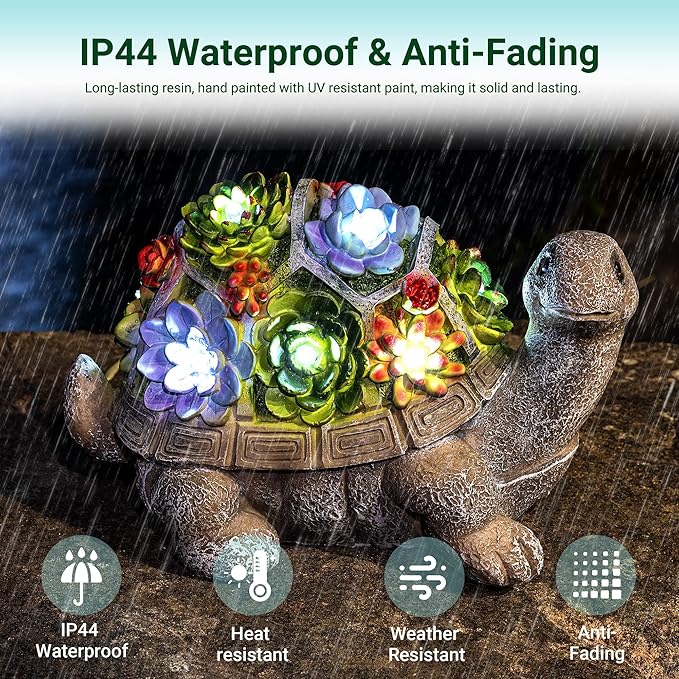 Garden turtle solar statue with flower lights, textured gray resin for outdoor weather