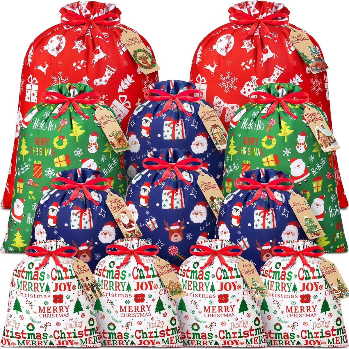 Mixed Christmas drawstring fabric gift bags in red, green, and blue with tags