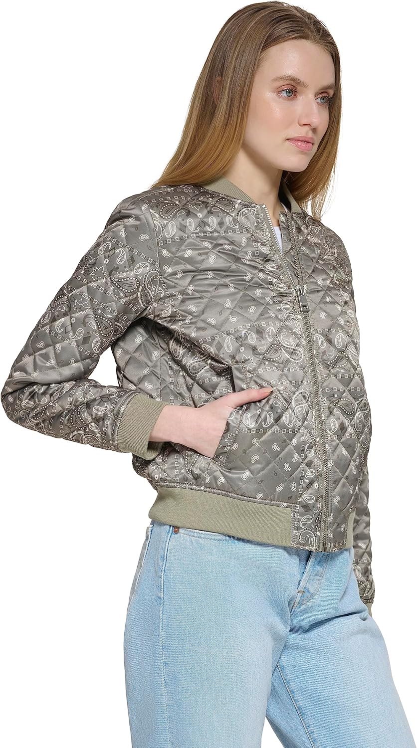 Gray diamond-quilt bomber jacket with paisley print, zip front, ribbed cuffs and hem