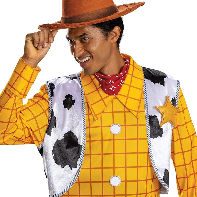 Adult cowboy costume close-up: brown hat, yellow check shirt, cowhide vest, red bandana