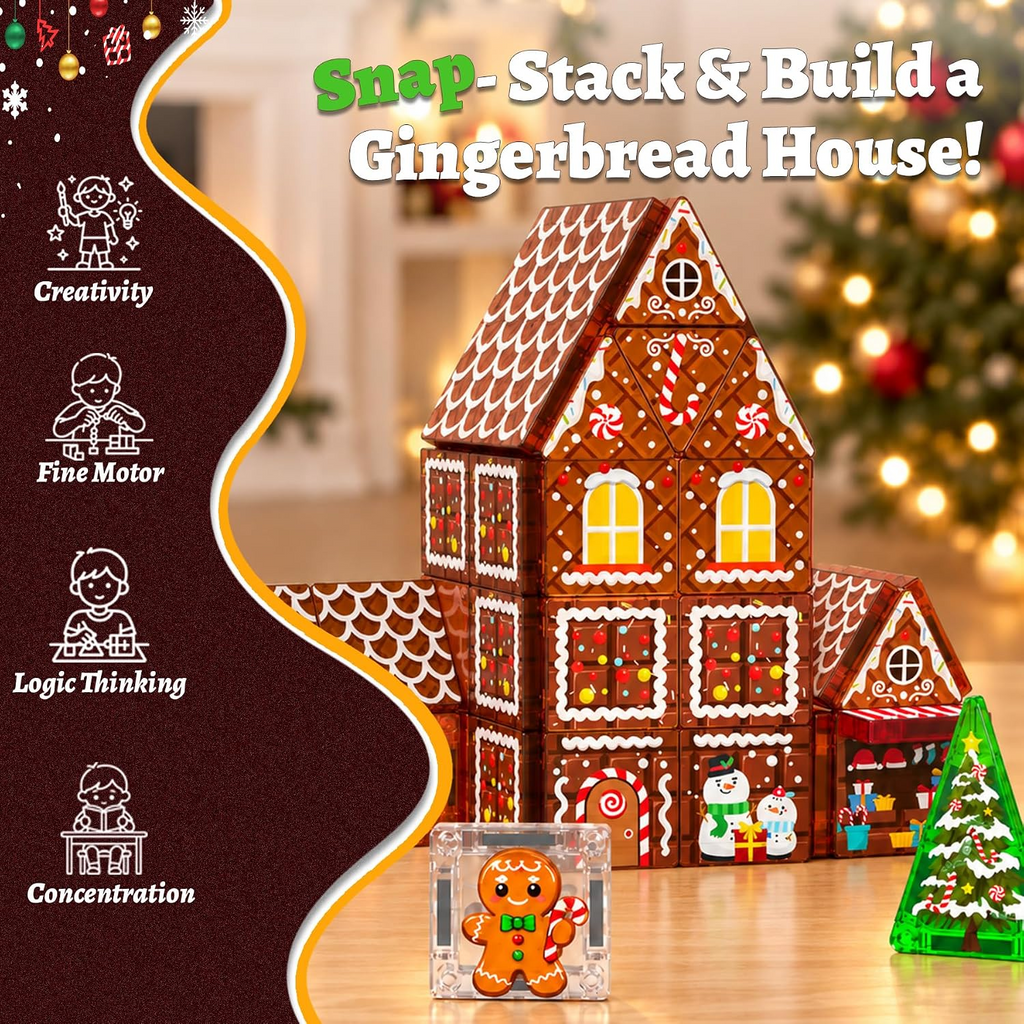 Snap-together gingerbread house building kit with roof and door tiles plus mini figures