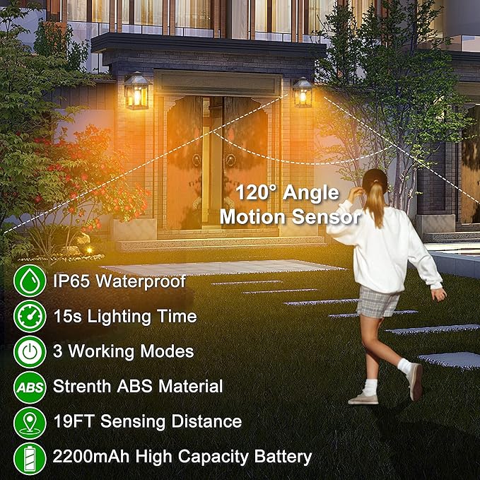Black solar wall lantern with motion sensor detection and warm light inside the glass