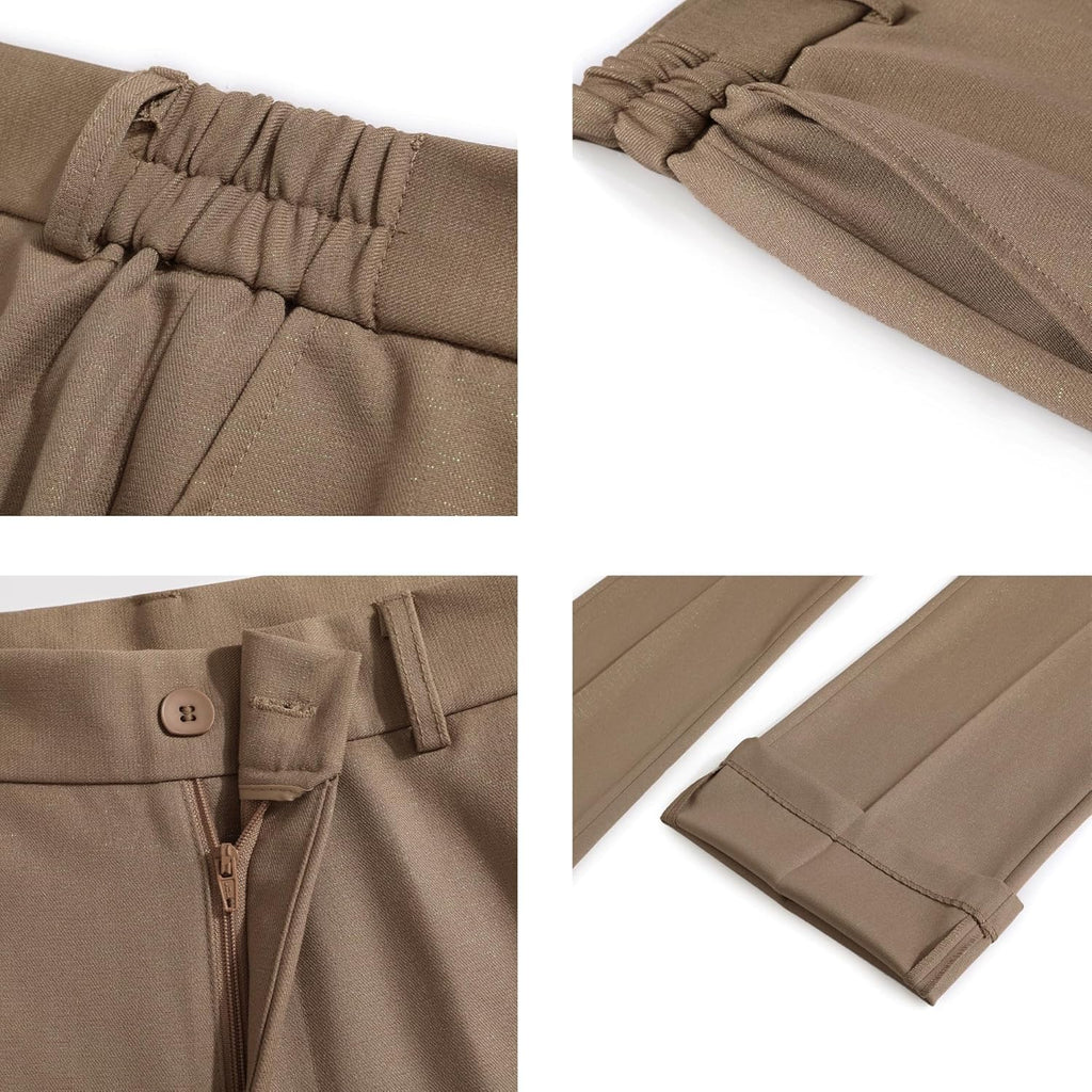 Khaki suit details: elastic waist, zipper, pockets, and hemmed bootcut pant cuffs.