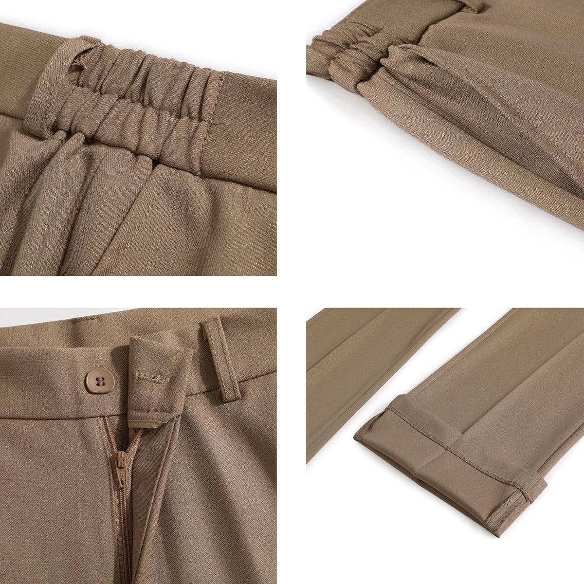 Khaki suit details: elastic waist, zipper, pockets, and hemmed bootcut pant cuffs.