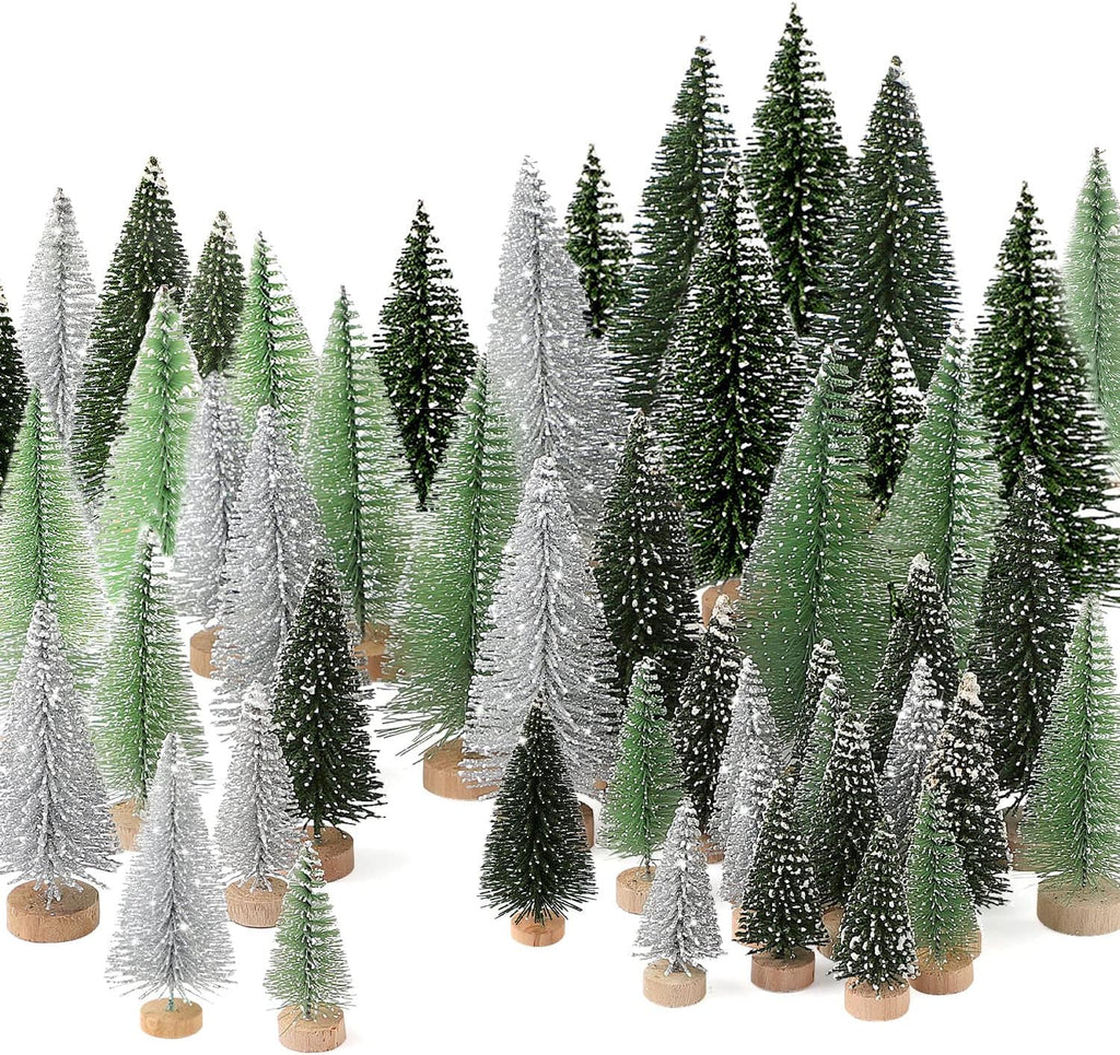 Mini bottle-brush Christmas trees in mixed green and silver with wooden bases