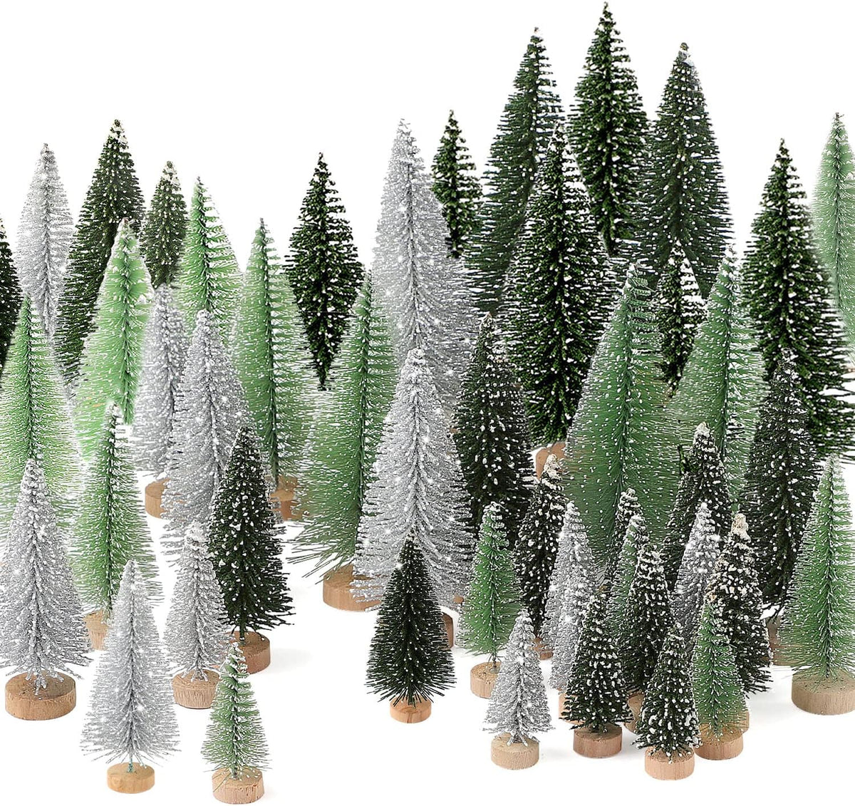 Mini bottle-brush Christmas trees in mixed green and silver with wooden bases