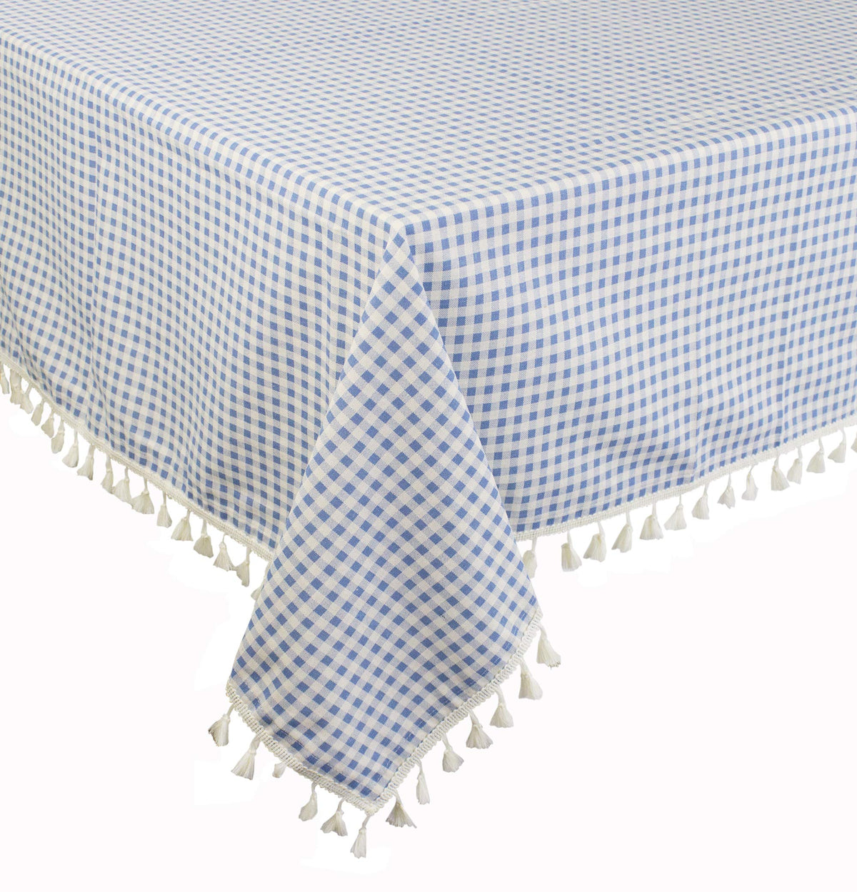 Blue and white gingham tablecloth with white tassel fringe, draped corner visible