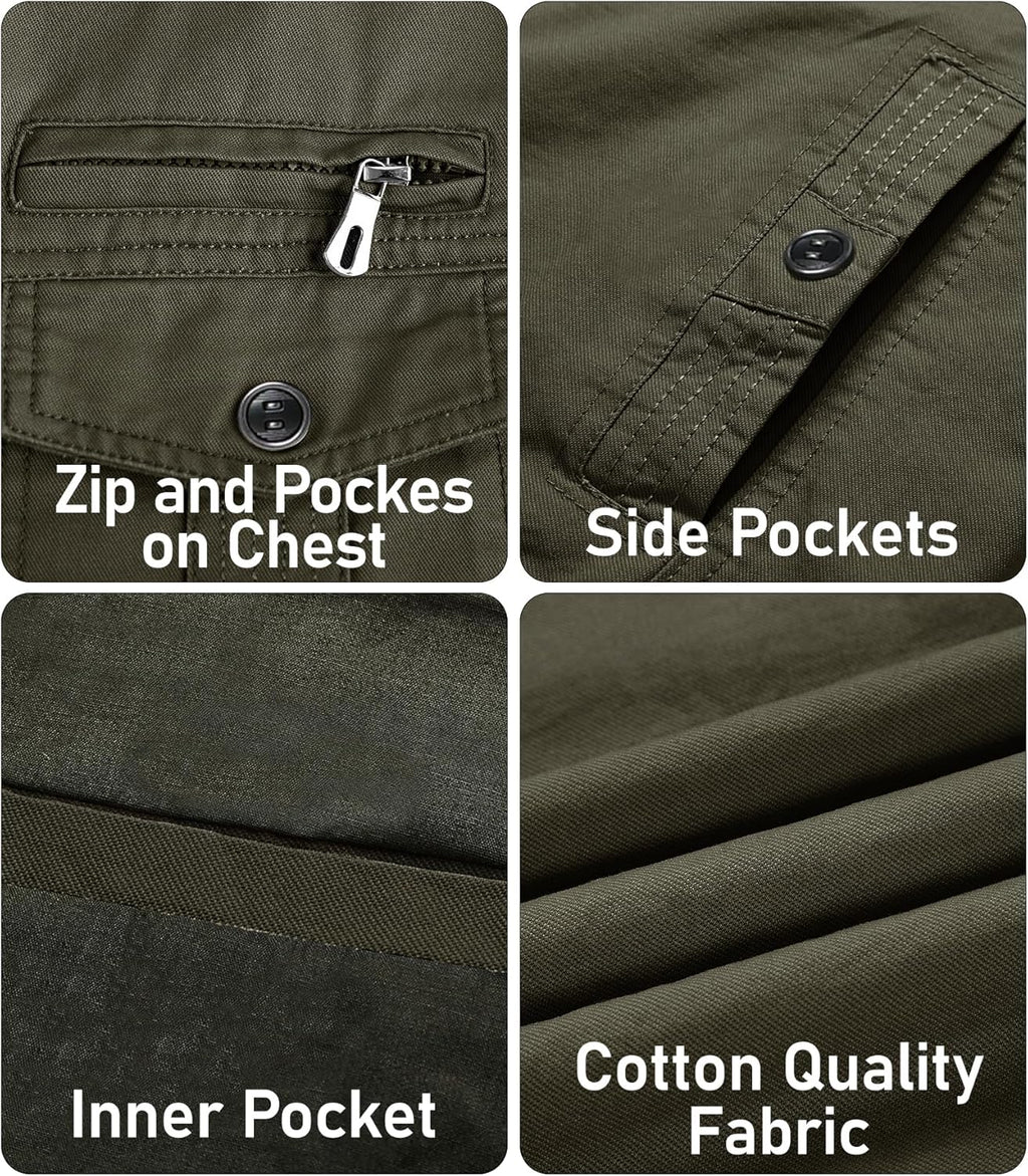 Men's military jacket details: chest zip pocket, side pockets, inner pocket, cotton fabric