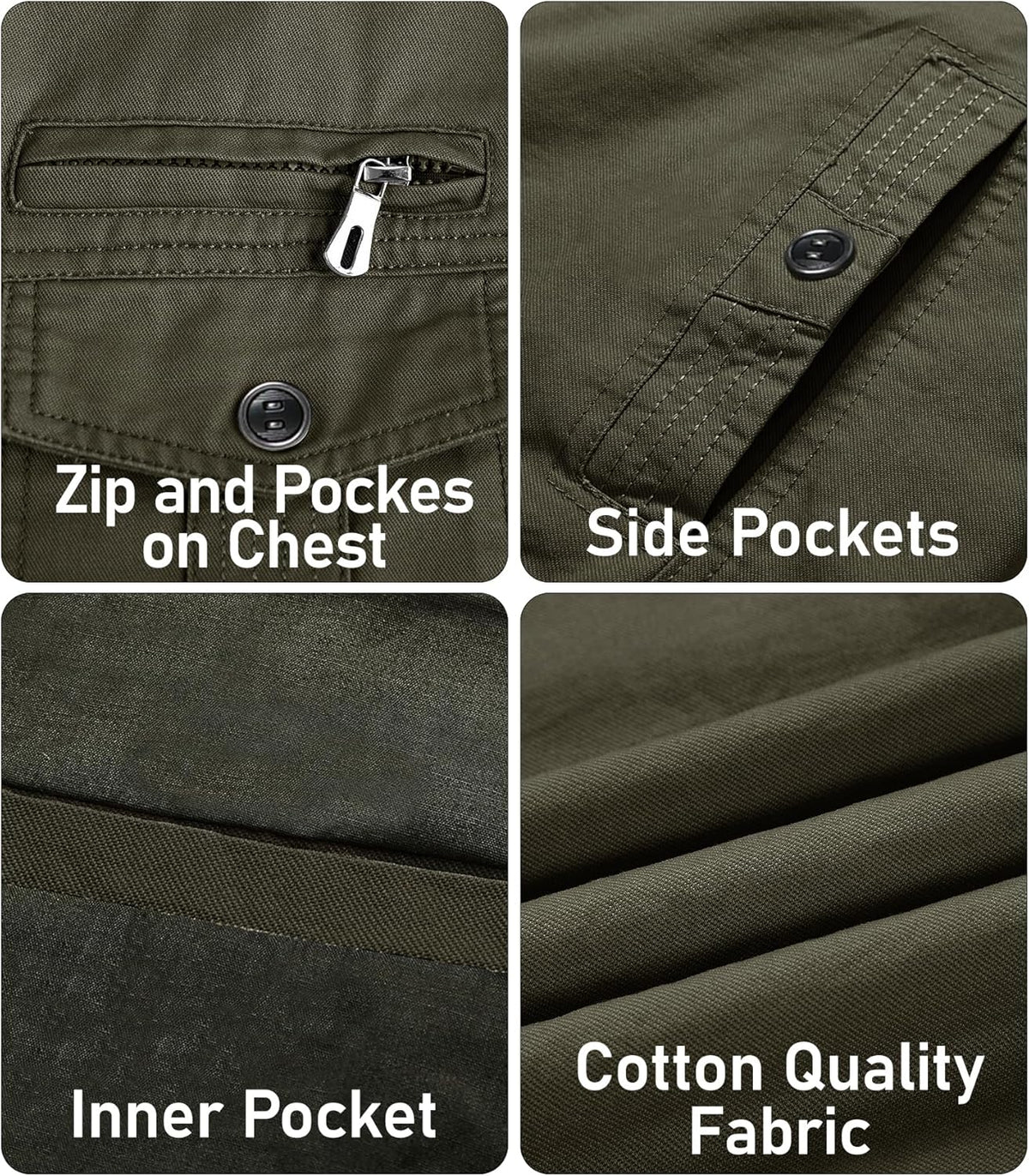 Men's military jacket details: chest zip pocket, side pockets, inner pocket, cotton fabric