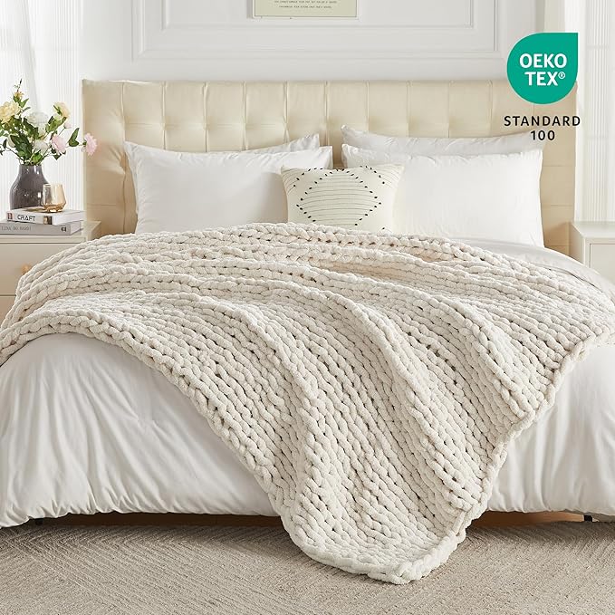 Cream chenille loop knit throw blanket with thick cable stripes, cozy heavy weave