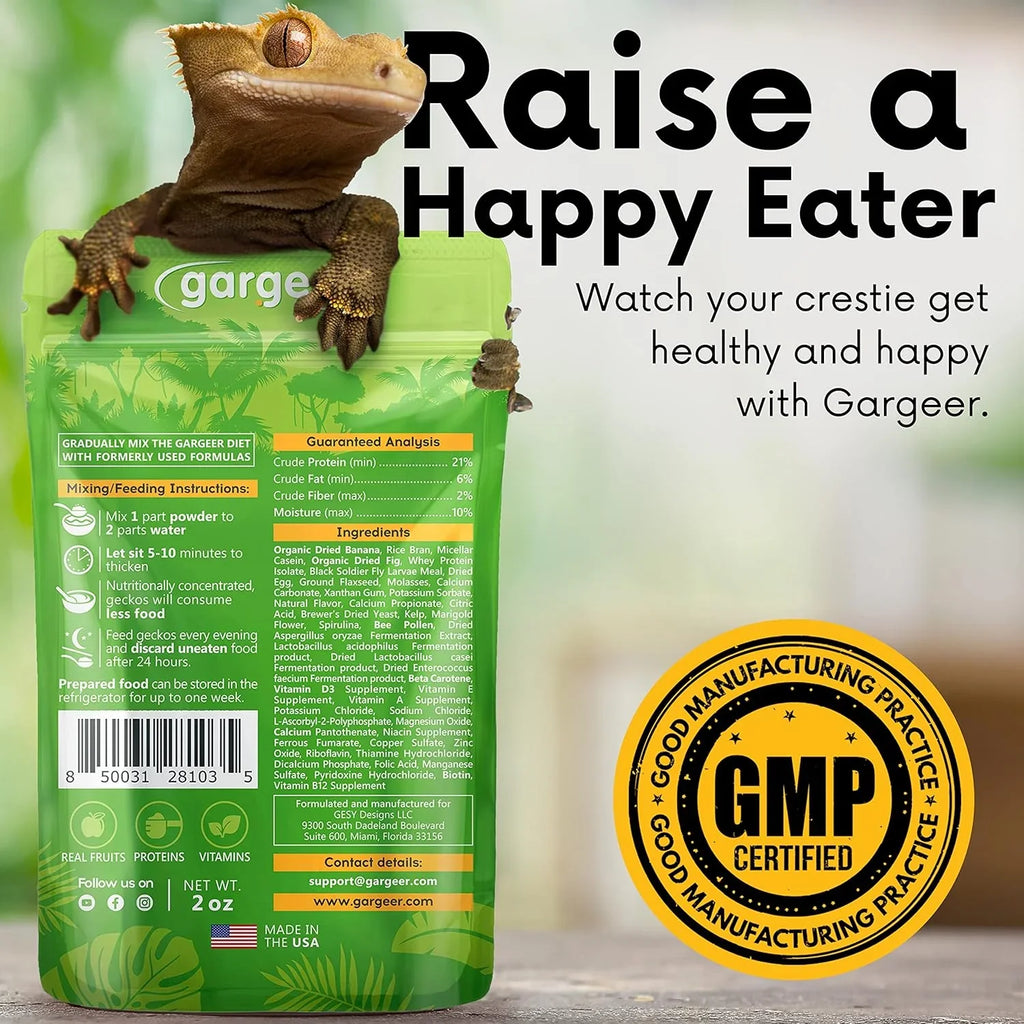 Fig crested gecko supplement pouch back label, green gargeer bag with certification seal