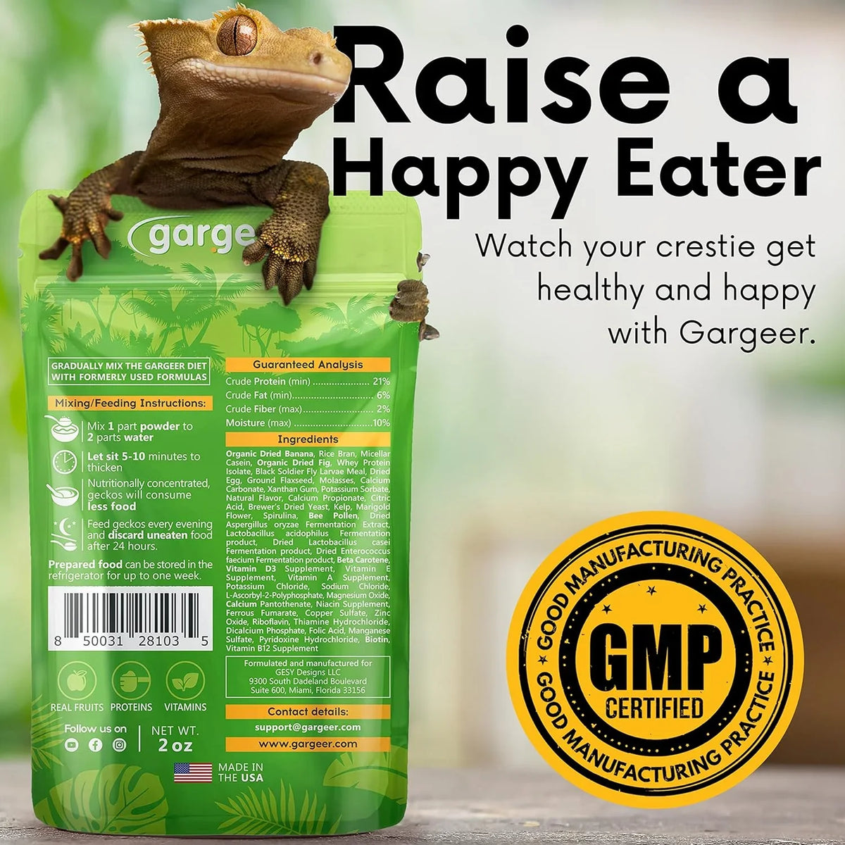 Fig crested gecko supplement pouch back label, green gargeer bag with certification seal