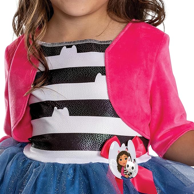Pink jacket and striped bodice with character patch over blue sparkle tulle skirt