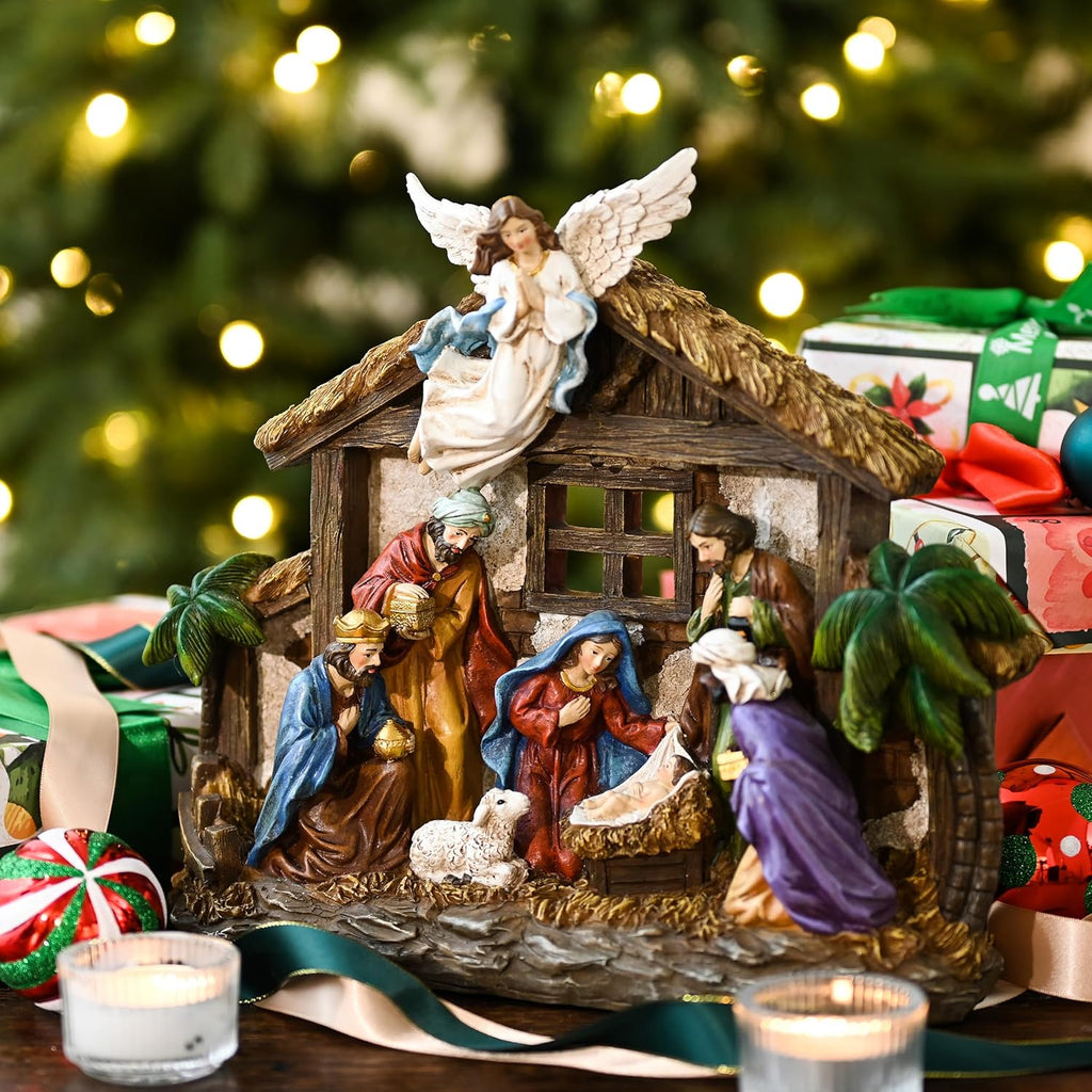 LED-lit nativity figurine set in wooden stable with angel topper and baby Jesus