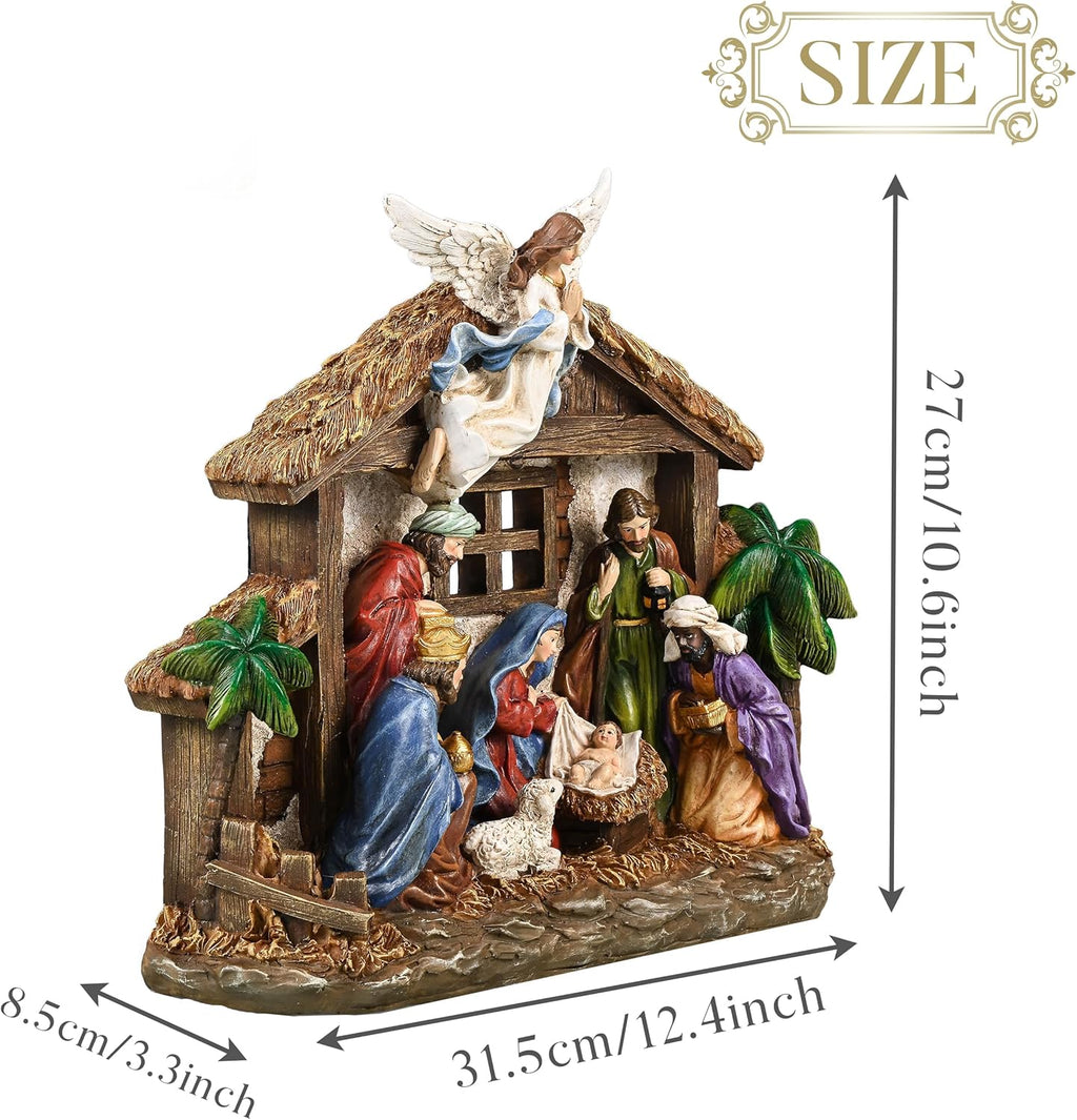 LED-lit resin nativity scene figurines with angel topper and manger, shown with dimensions