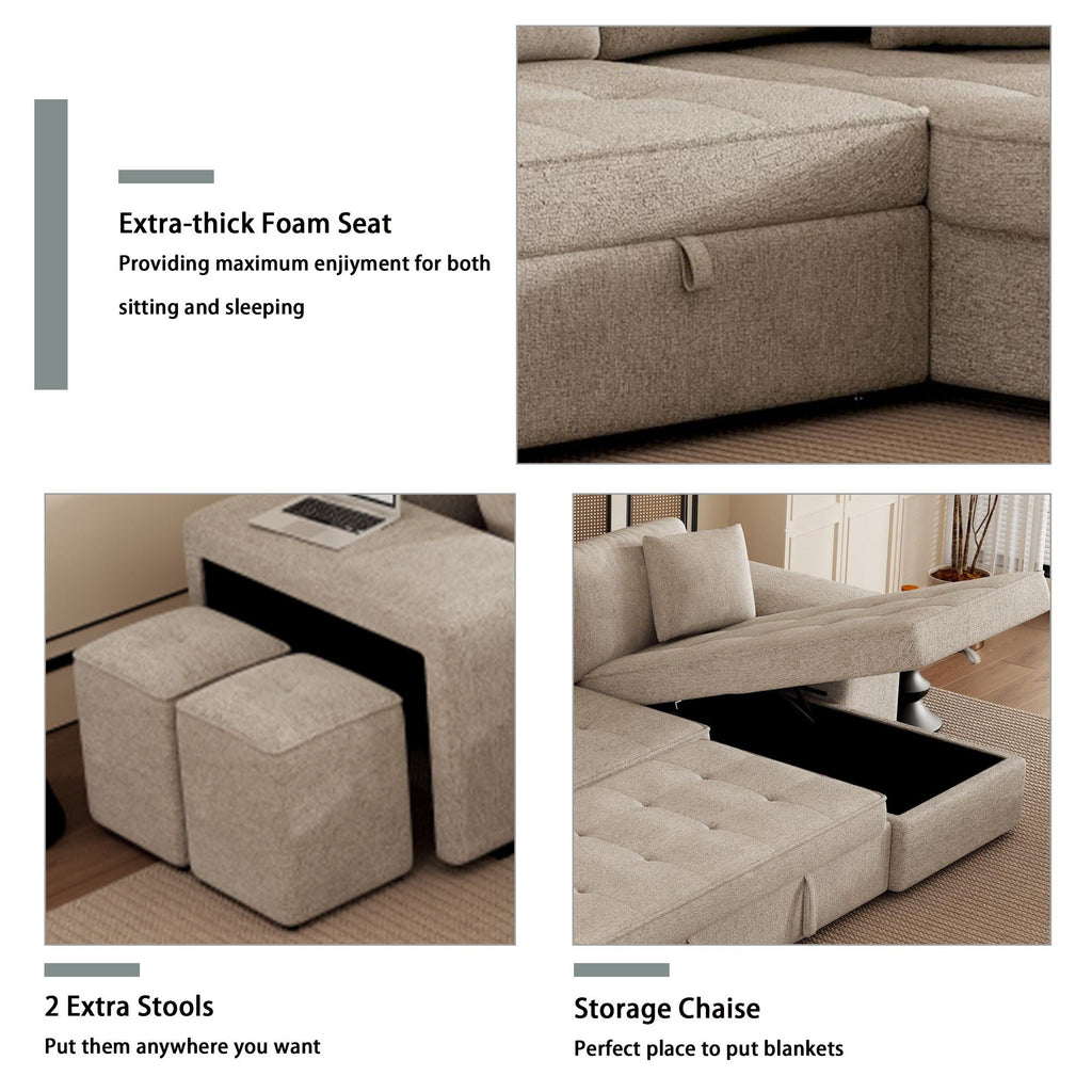 Sectional sleeper sofa with extra-thick seat and storage chaise, light beige upholstery, 2 stools