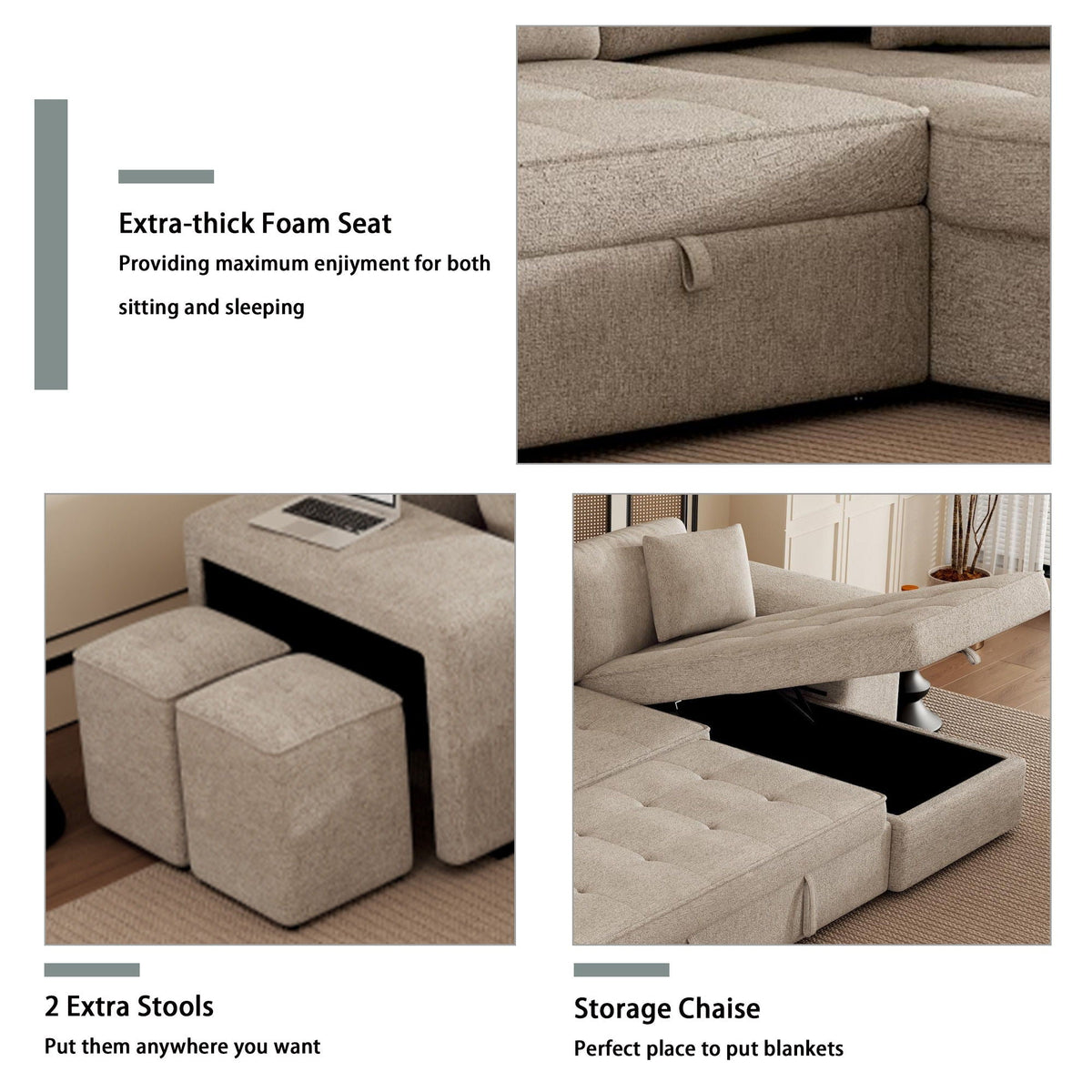 Sectional sleeper sofa with extra-thick seat and storage chaise, light beige upholstery, 2 stools