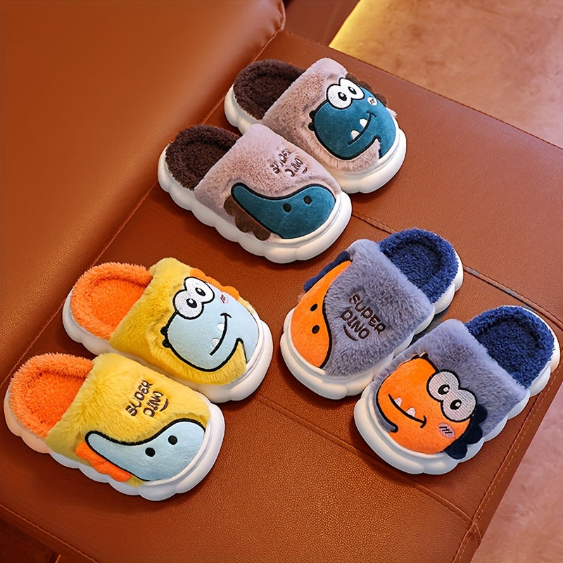 Girls' dinosaur slippers set, plush with cartoon dinos in yellow, blue, brown, and grey