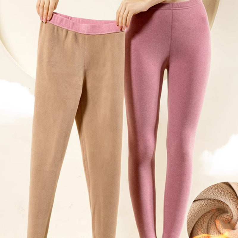 Cashmere leggings in camel and mauve-purple, slim fit with elastic waistband (two shown)