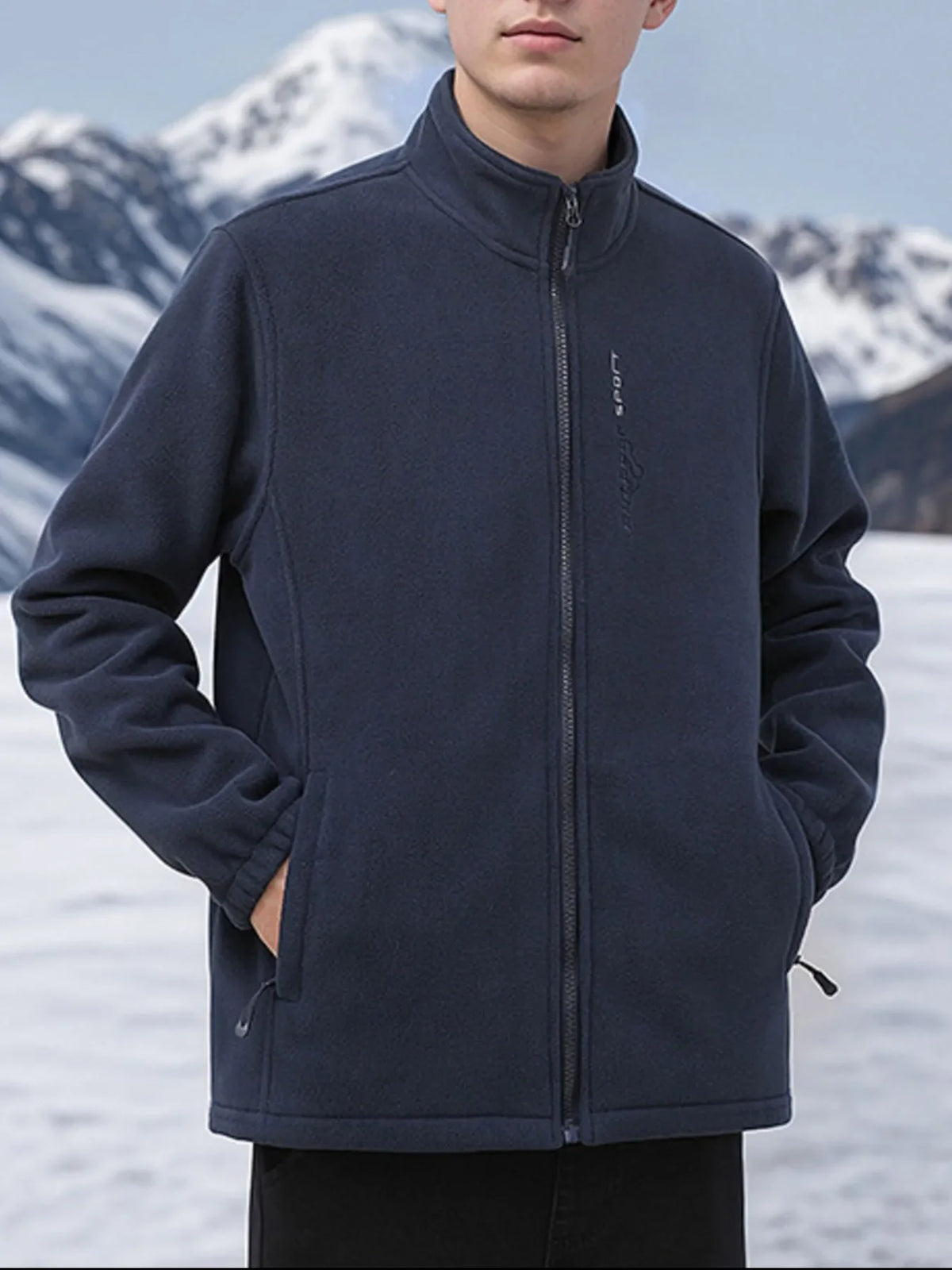 Men's plus size navy zip-up thermal fleece jacket with side pockets