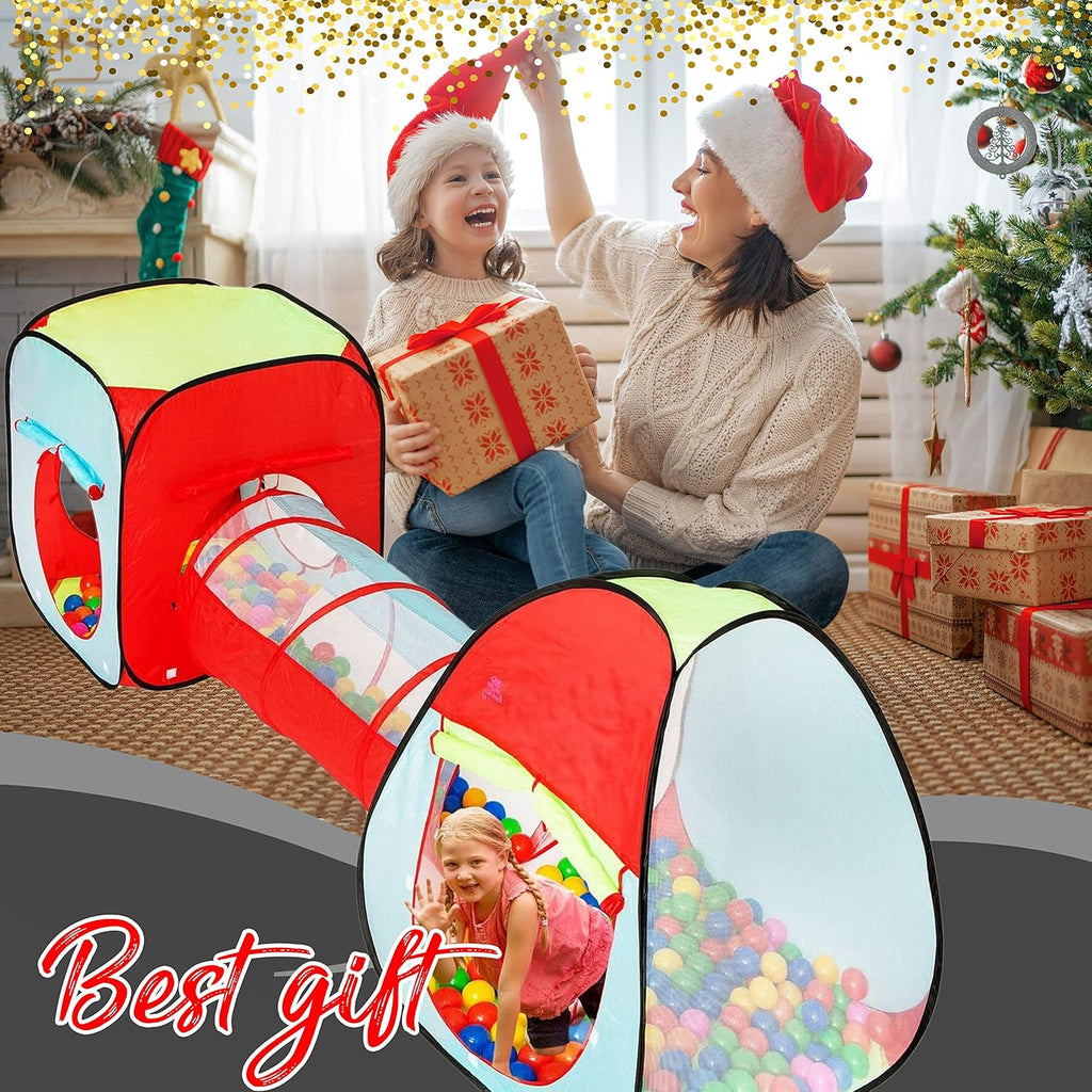 Toddler play tunnel and ball pit tent, red/blue fabric with colorful balls inside