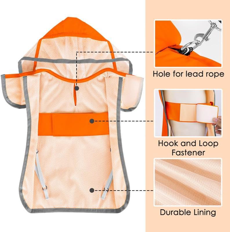 Orange dog raincoat feature diagram: lead rope hole, hook-and-loop fastener