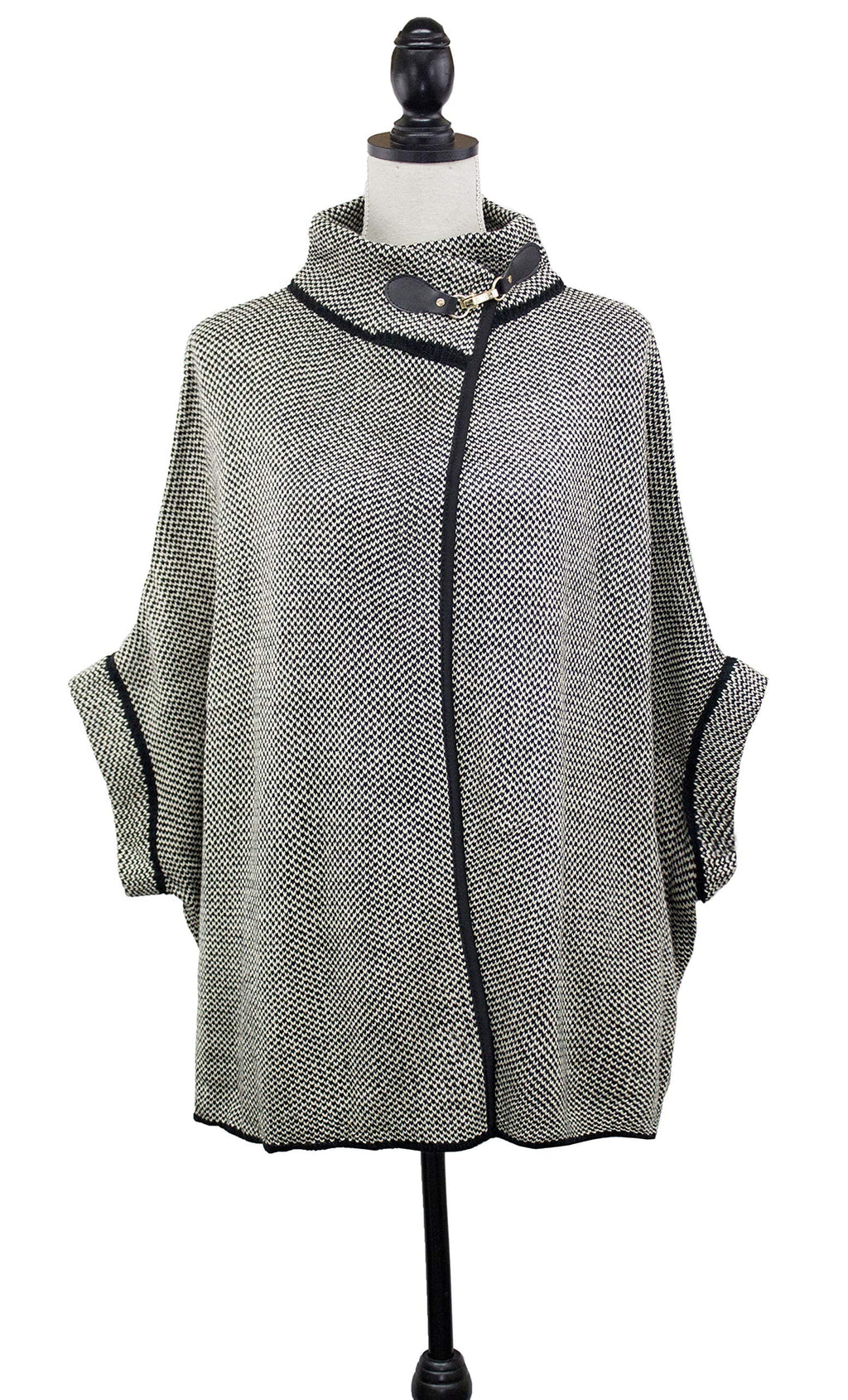 Grey knit shawl cardigan with black trim, buckle at the neck, wide dolman sleeves