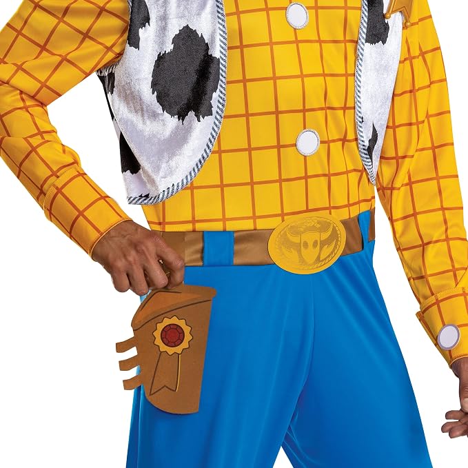Adult cowboy costume torso: yellow grid shirt, cowhide vest, gold star badge, blue waist belt