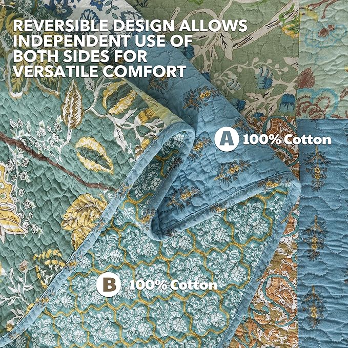 Close-up of blue-green reversible quilt fabric with stitched botanical patchwork detail