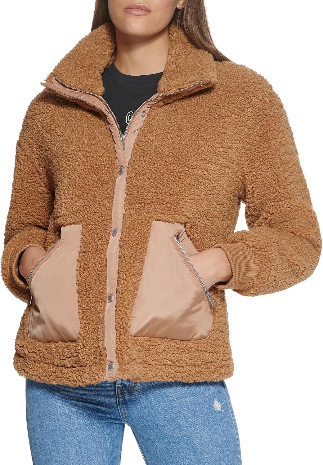 Brown sherpa teddy jacket with stand collar, full-zip front, and flap pockets