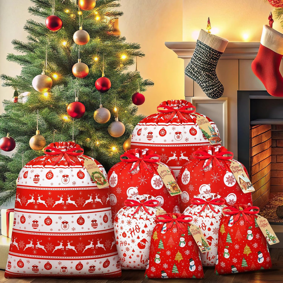 Stack of red Christmas drawstring fabric gift bags with holiday character prints